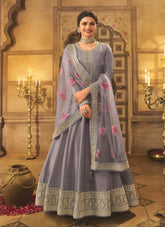 Dola Silk Embroidered Gown in Grey